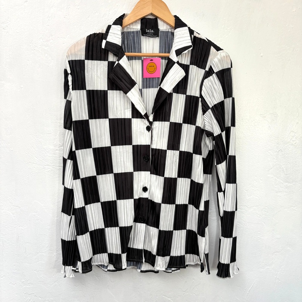 Dressed in Lala Checkered Plisse Top Women Size Small Black White Button Up New
